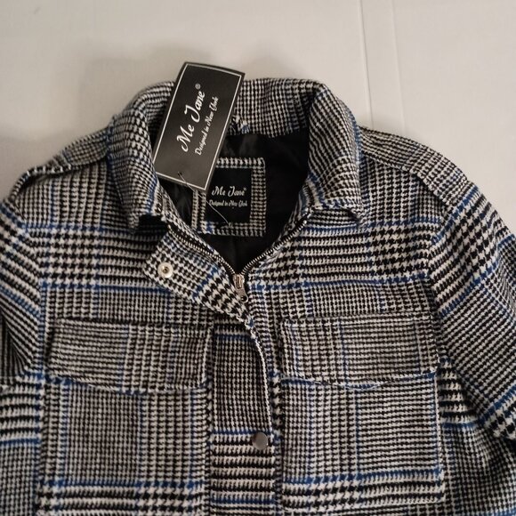 Me Jane Black White Blue Plaid Cropped Jacket Pockets Size Medium NWT - Picture 6 of 16